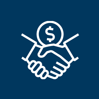 Handshake with dollar symbol on blue background.