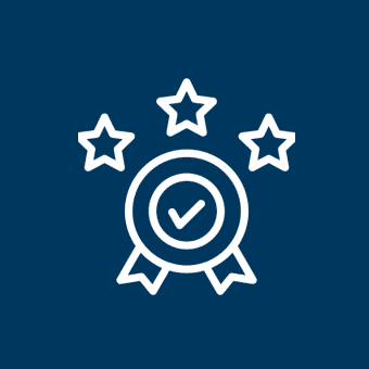 Award icon with stars and checkmark.